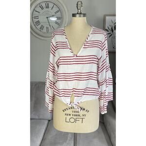 Lavender Field Womens Blouse S Top Bell Sleeves Cropped Tie Front Striped Boho